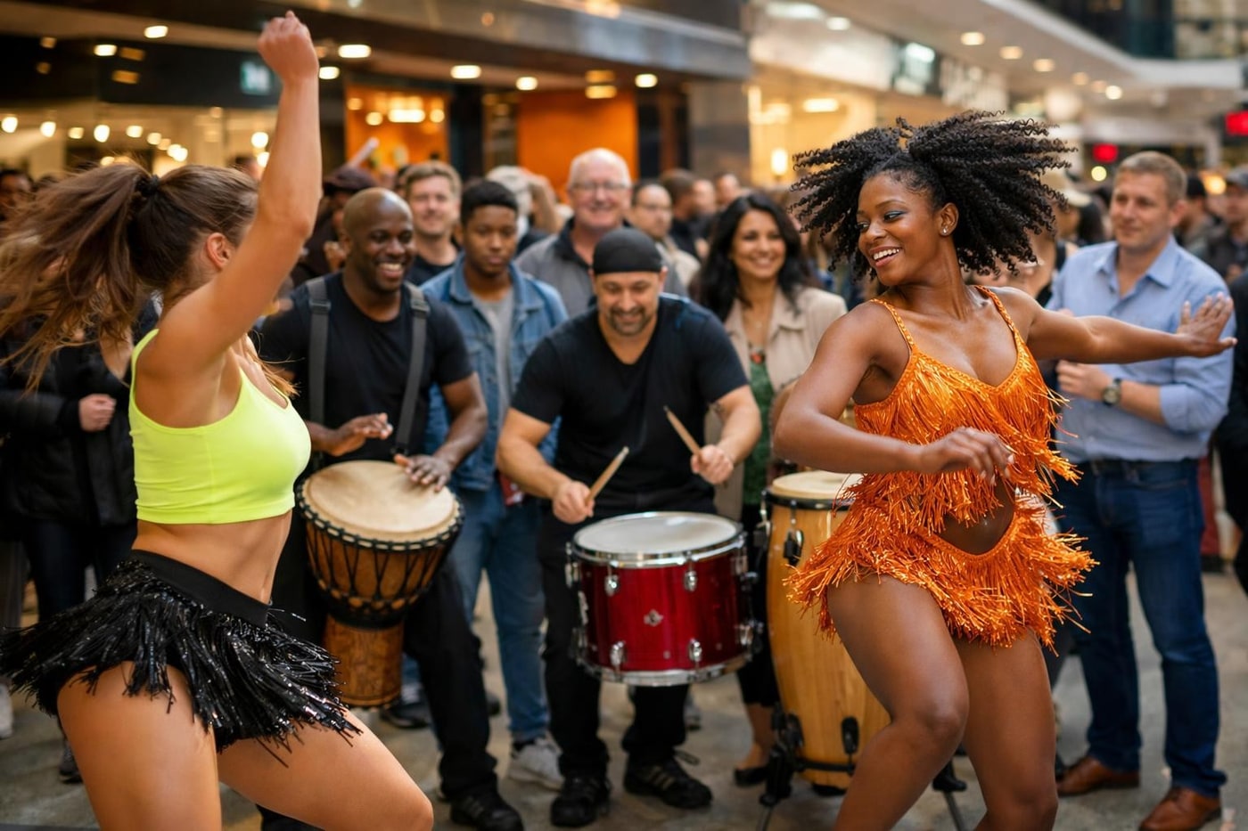 Live performers attracting a crowd during a roadshow activation