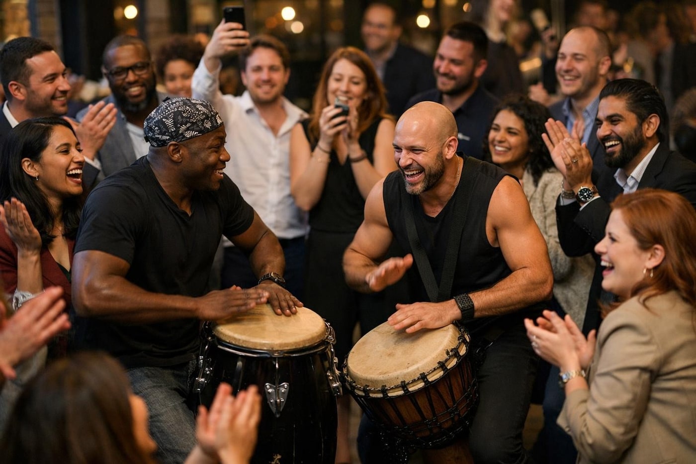 Audience gathering around live percussion at an activation