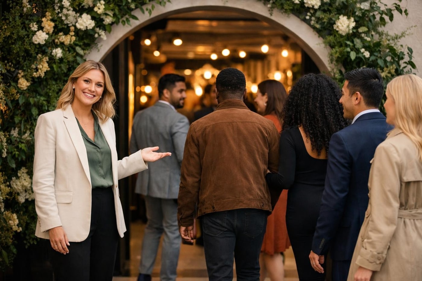 Guests approaching a brand activation with a clear entry point