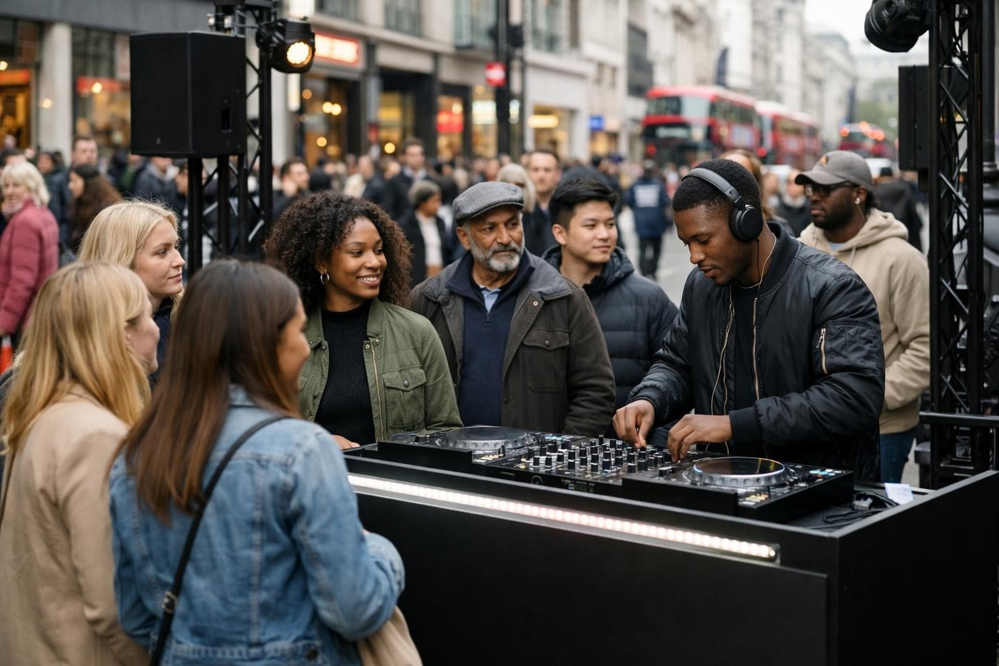 Branded DJ booth attracting attention on a busy high street