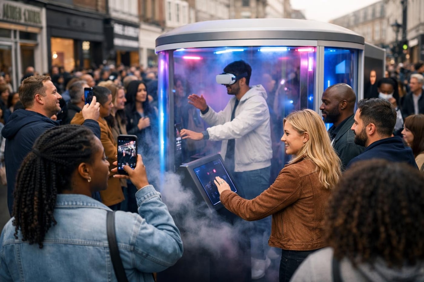 Crowd engaging with a retail brand activation on the high street