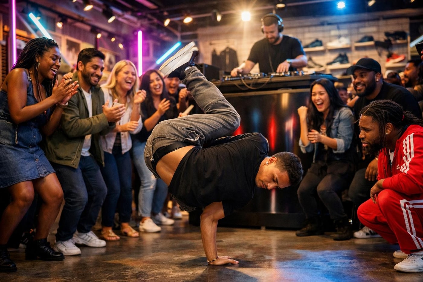 A live DJ and breakdance crew energising a retail brand activation