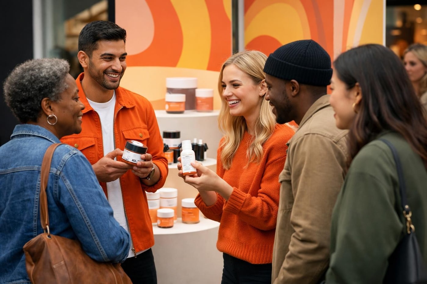 Retail activation team speaking with passers-by beside a branded display