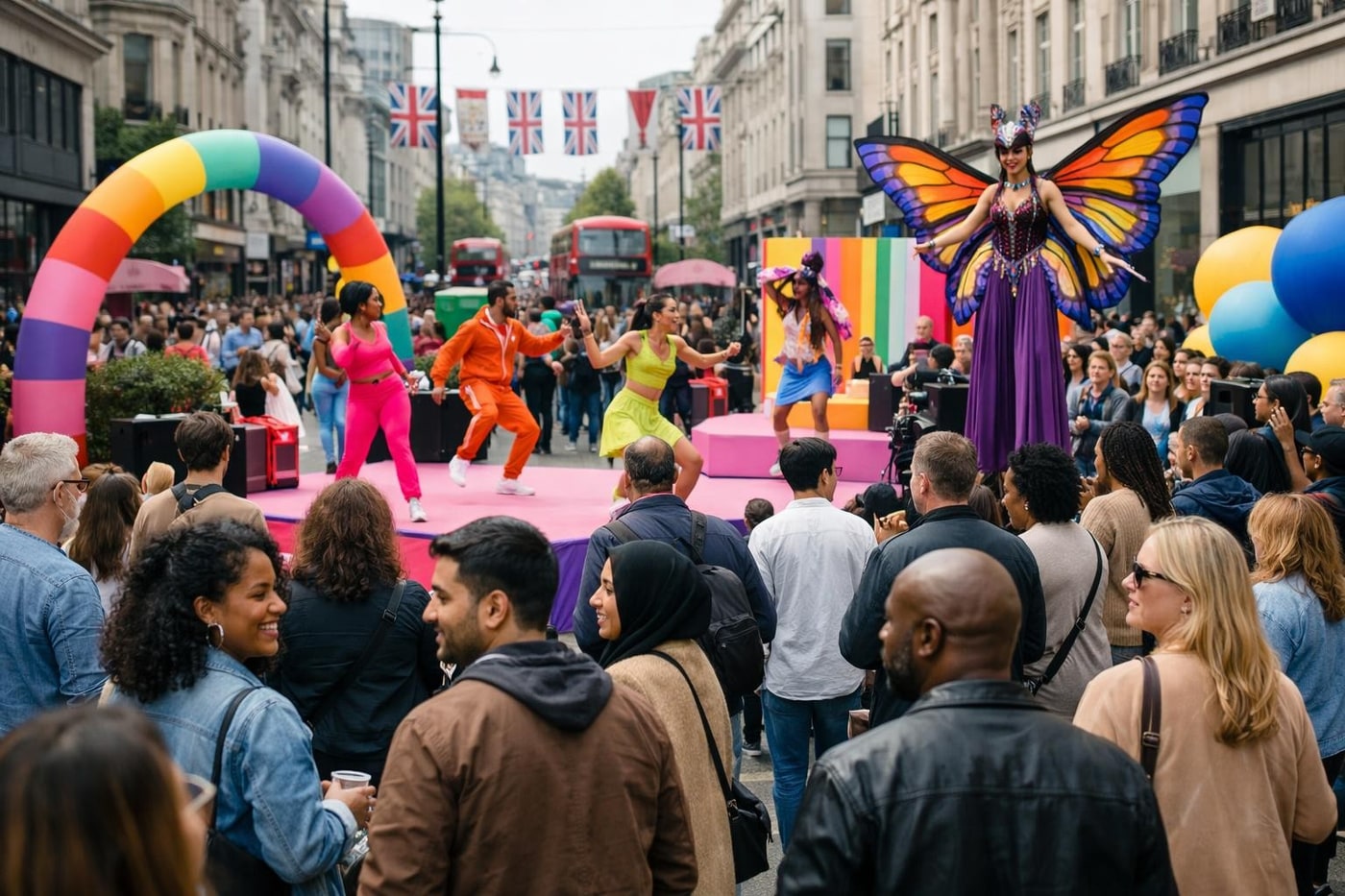 A busy high street activation with performers and a growing crowd