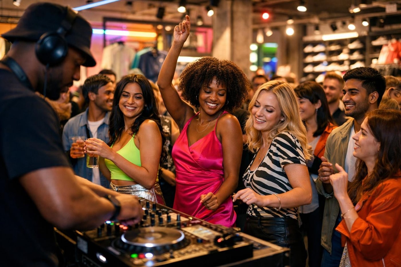 A colourful retail activation with a DJ and crowd in a city centre.