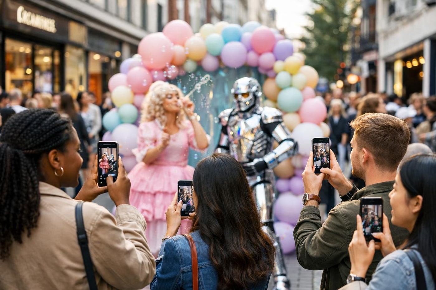 Visitors filming a retail activation on their phones.