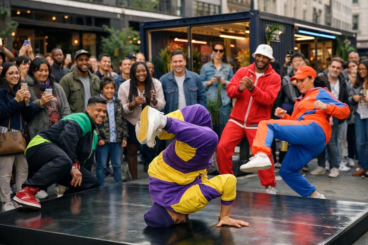 Breakdance performers drawing attention in a retail activation