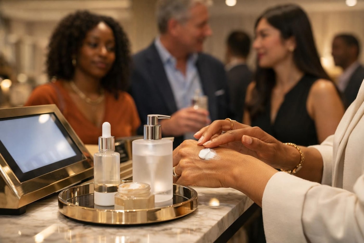 Guests testing beauty products at an interactive activation station.