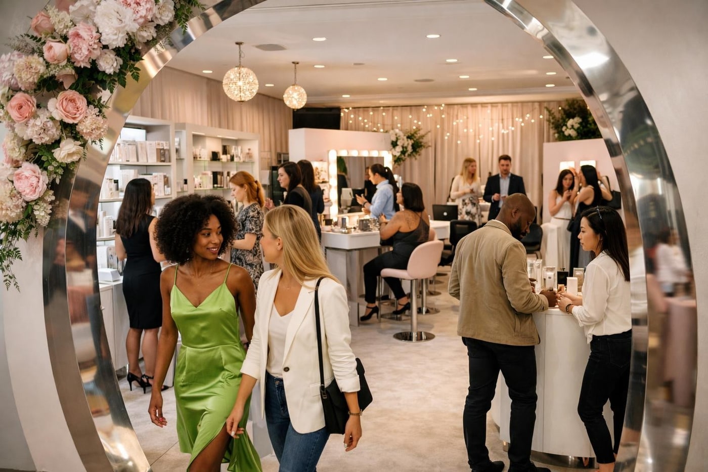 Wide view of a beauty brand activation with branded entry and interactive zones.