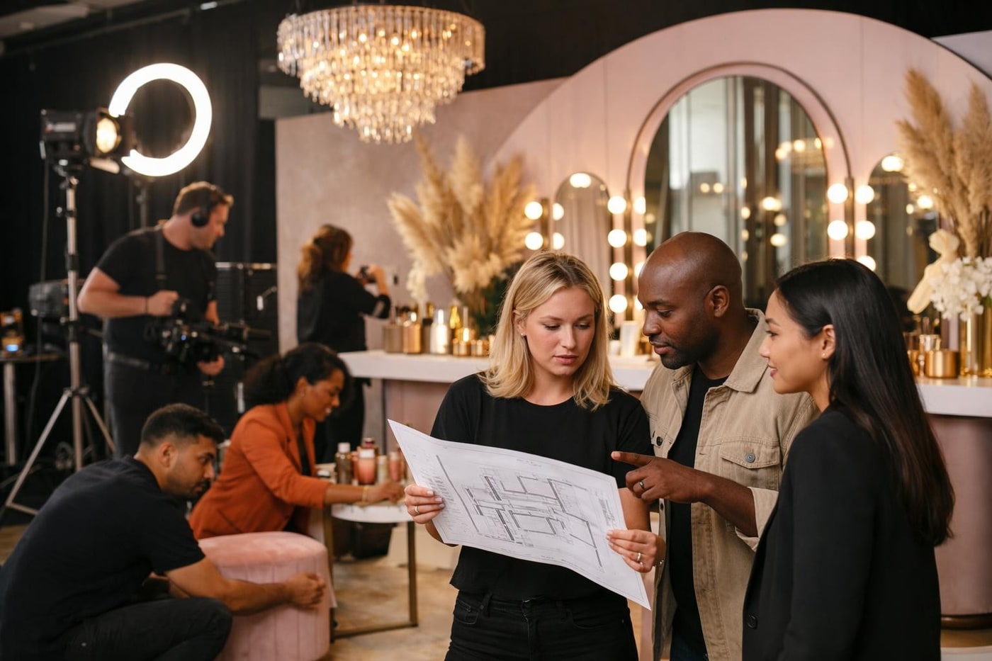 Production detail showing premium lighting and layout for a beauty activation.