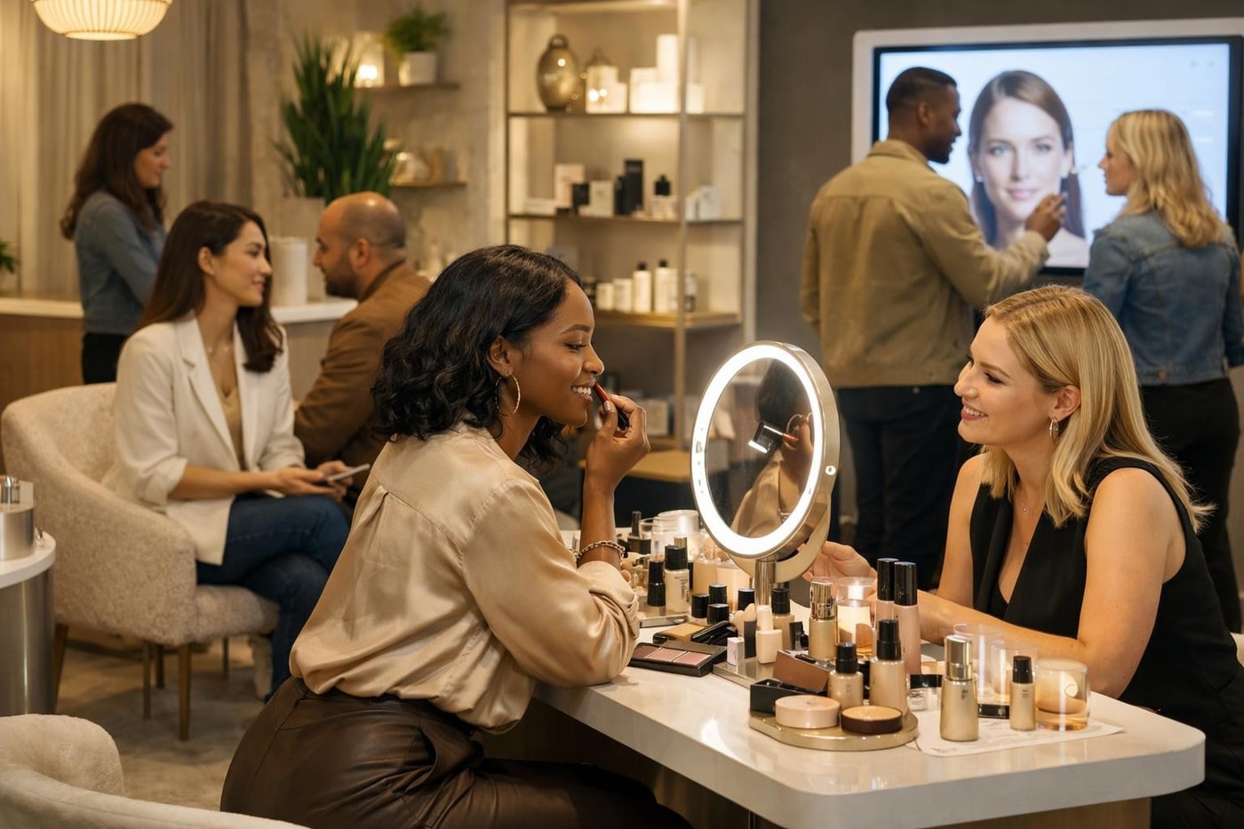 Immersive beauty pop up interior with testing and consultation stations.