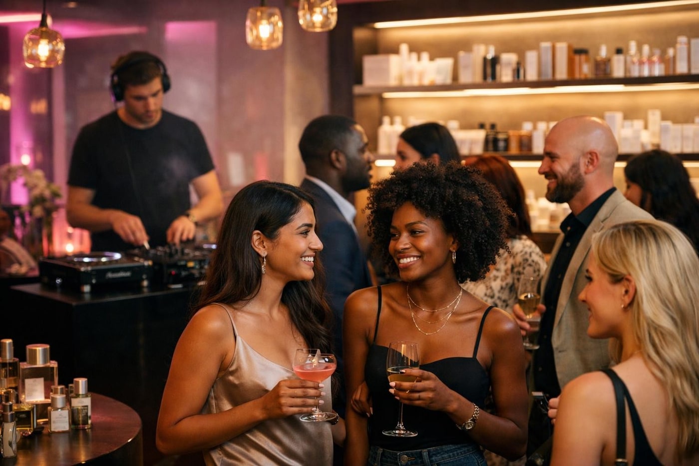 Social beauty event with live DJ and ambient lighting