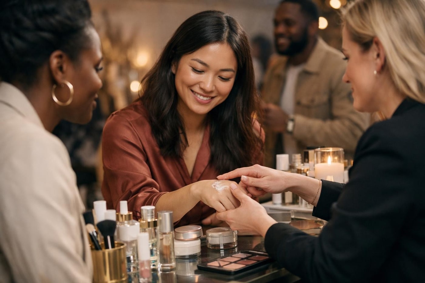 Customers engaging with products at a beauty consultation station