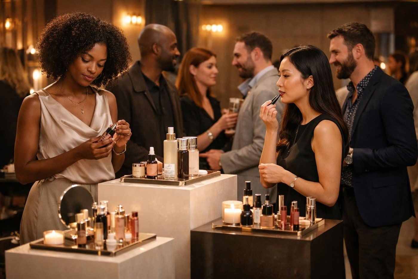 Luxury beauty activation with atmospheric lighting and product testers