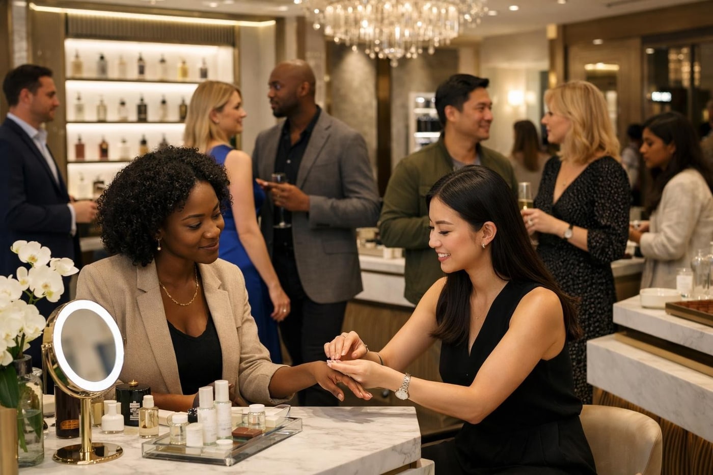 Well-designed beauty retail space with clear flow and premium materials