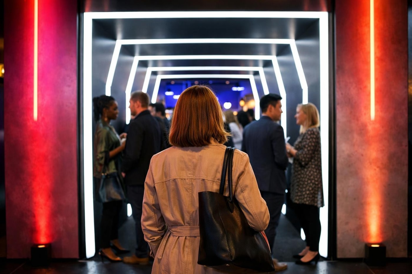 Shopper pausing at a bold experiential retail entrance