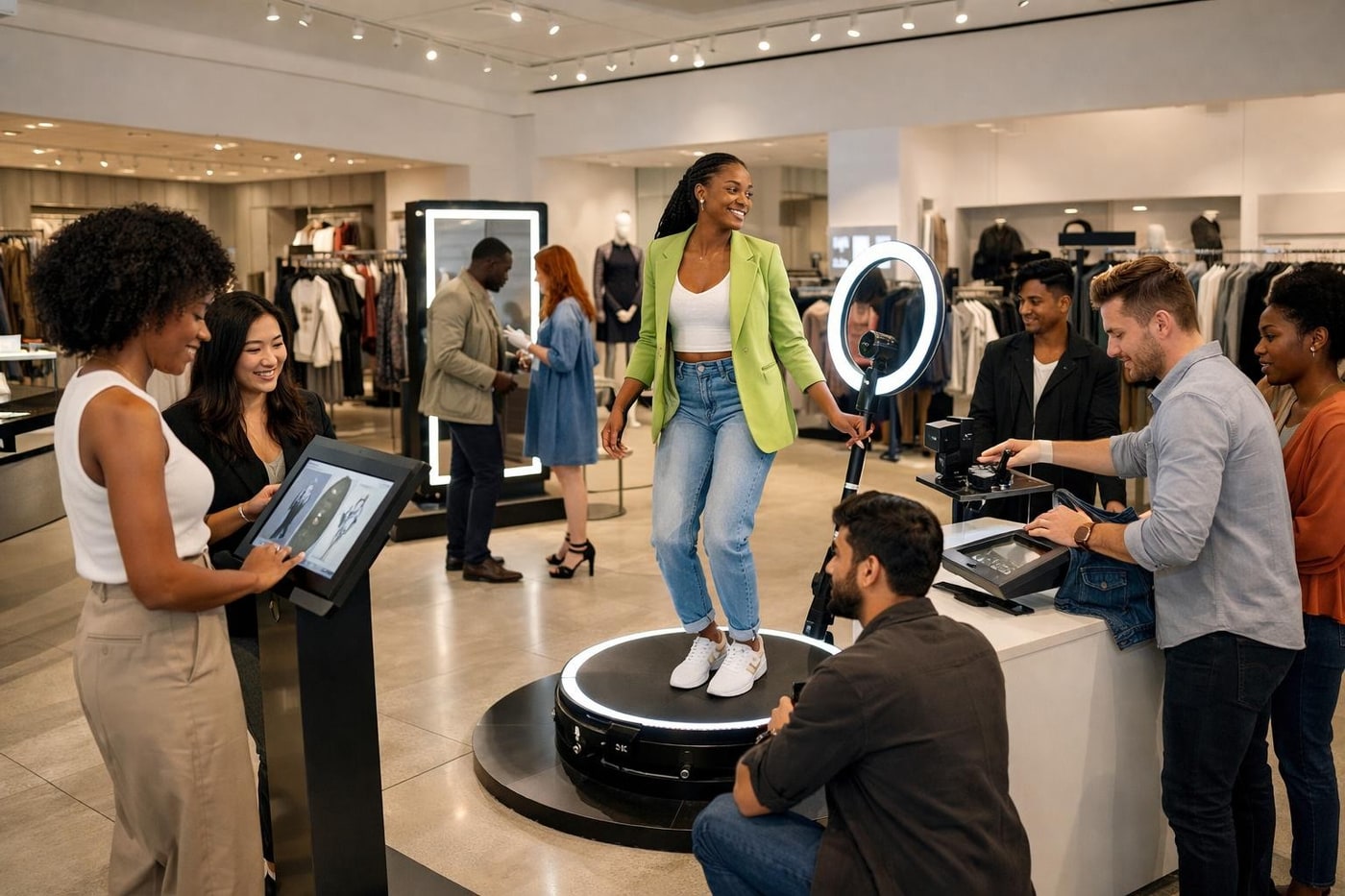 Wide view of an interactive fashion retail experience