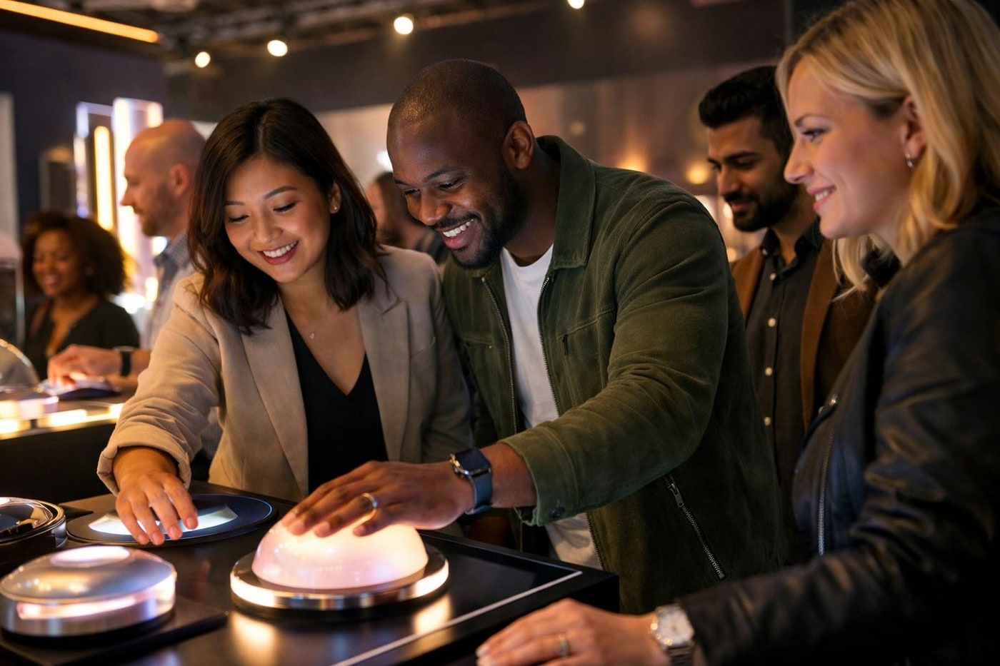 Guests engaging with an interactive product display.