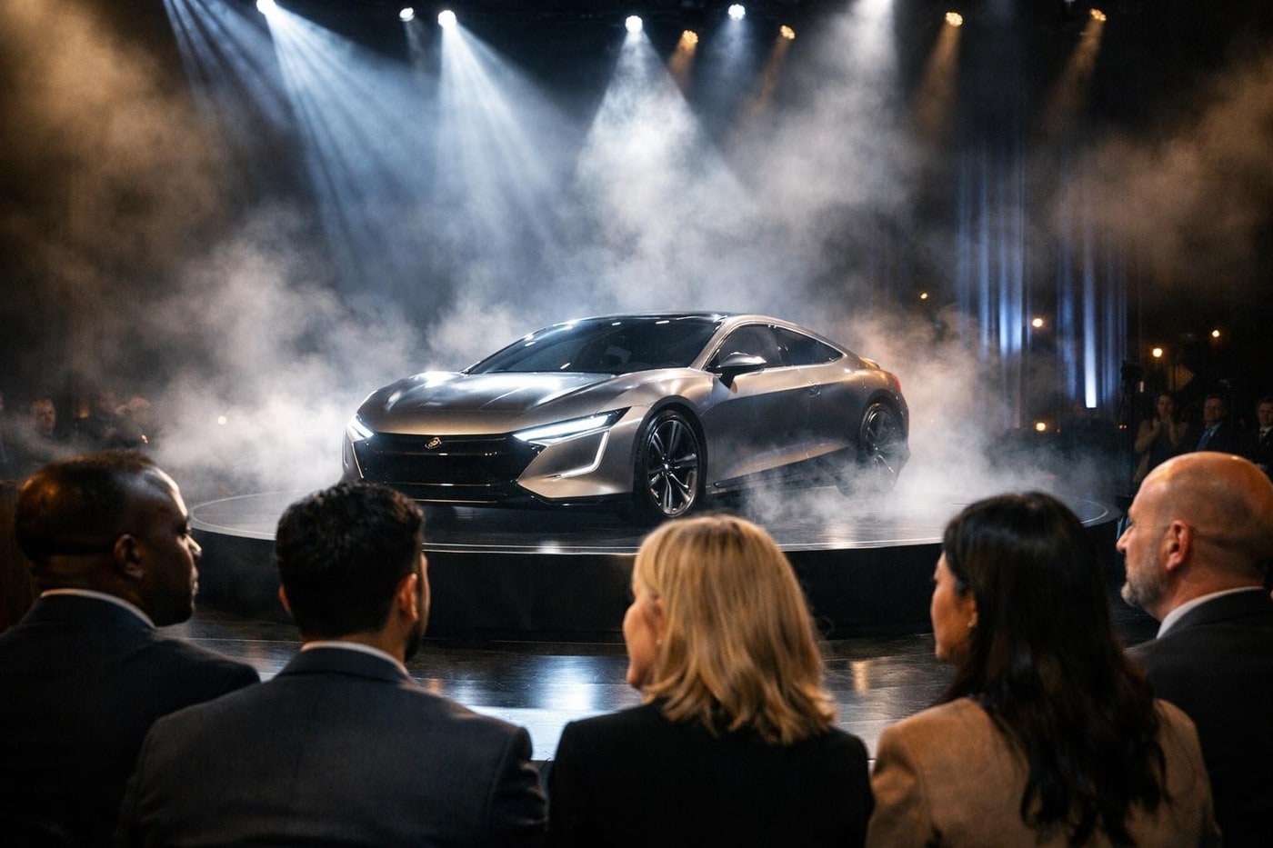 Dramatic product reveal on a lit stage.