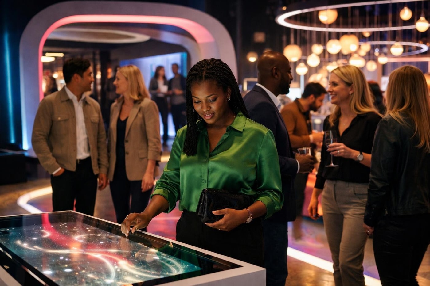 Experiential retail environment with strong lighting and guided customer flow