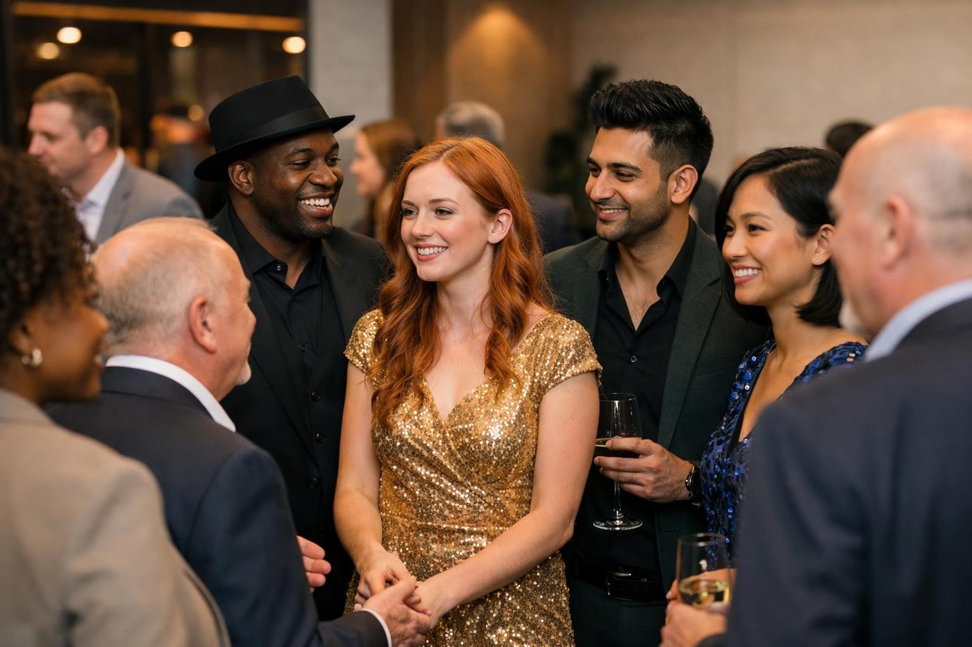 Performers blending into a corporate audience