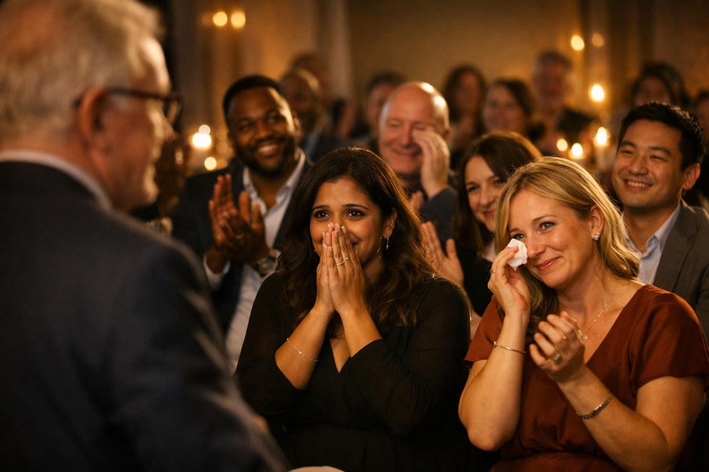 An emotional surprise moment at a corporate event