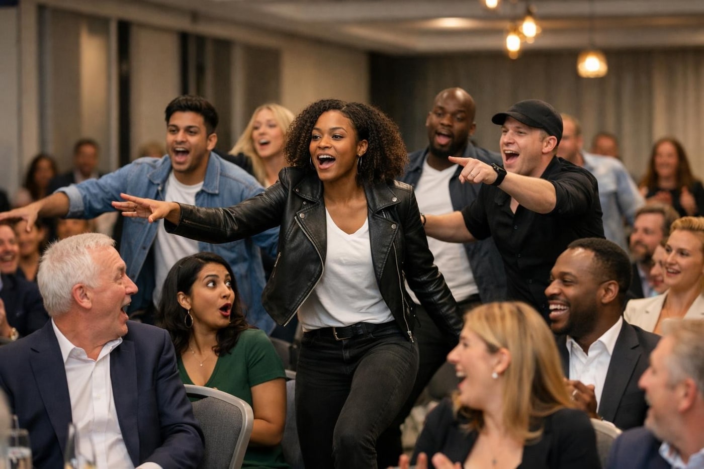 Surprise performance emerging among corporate event guests