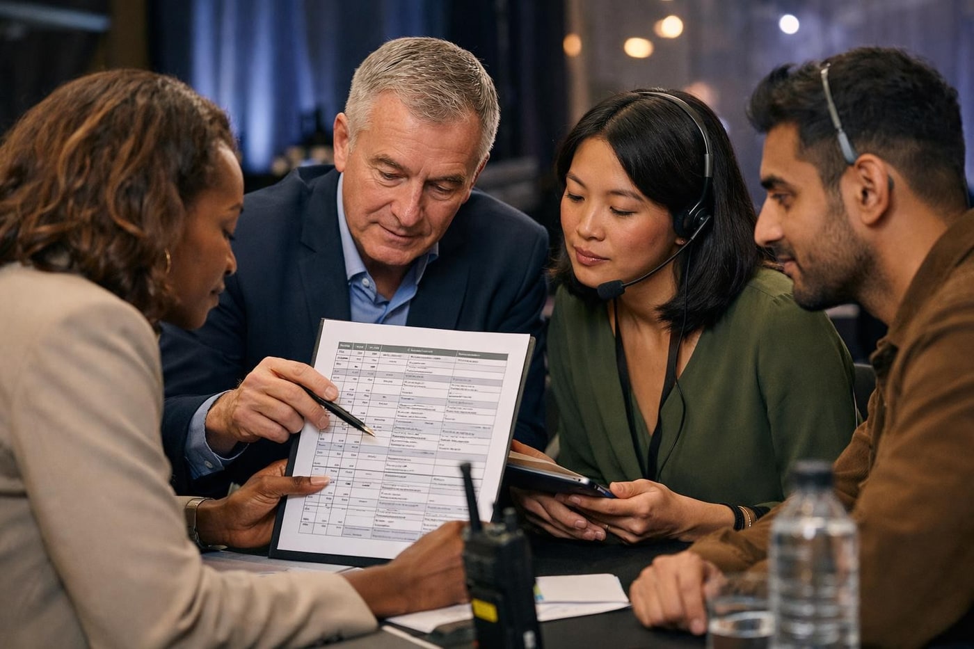Event planners coordinating a surprise moment