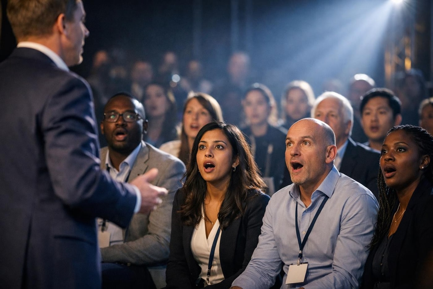 Audience response during a surprise reveal at a corporate event