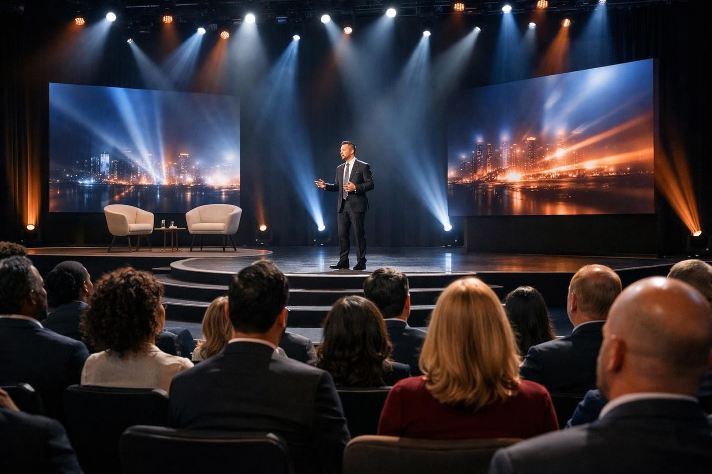 Dramatic corporate event stage with focused lighting