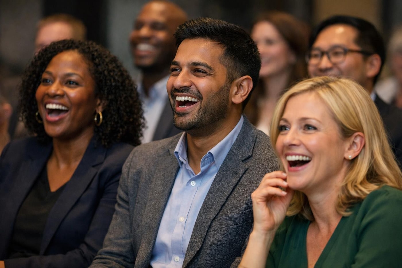Audience reacting to a memorable corporate event reveal