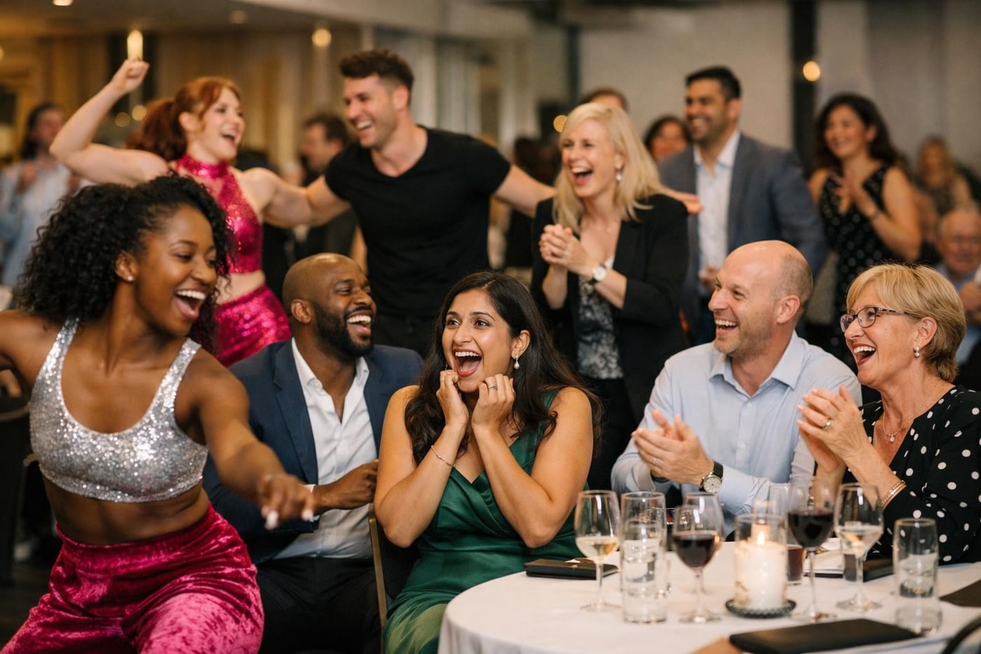Employees involved in a surprise corporate event performance