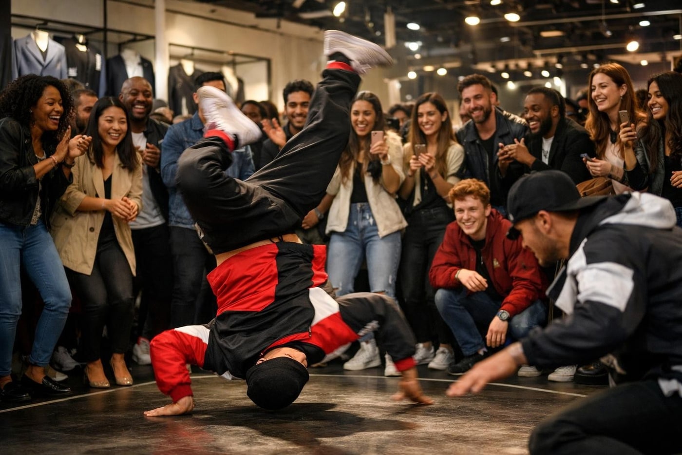 Live performers energising a retail brand launch.