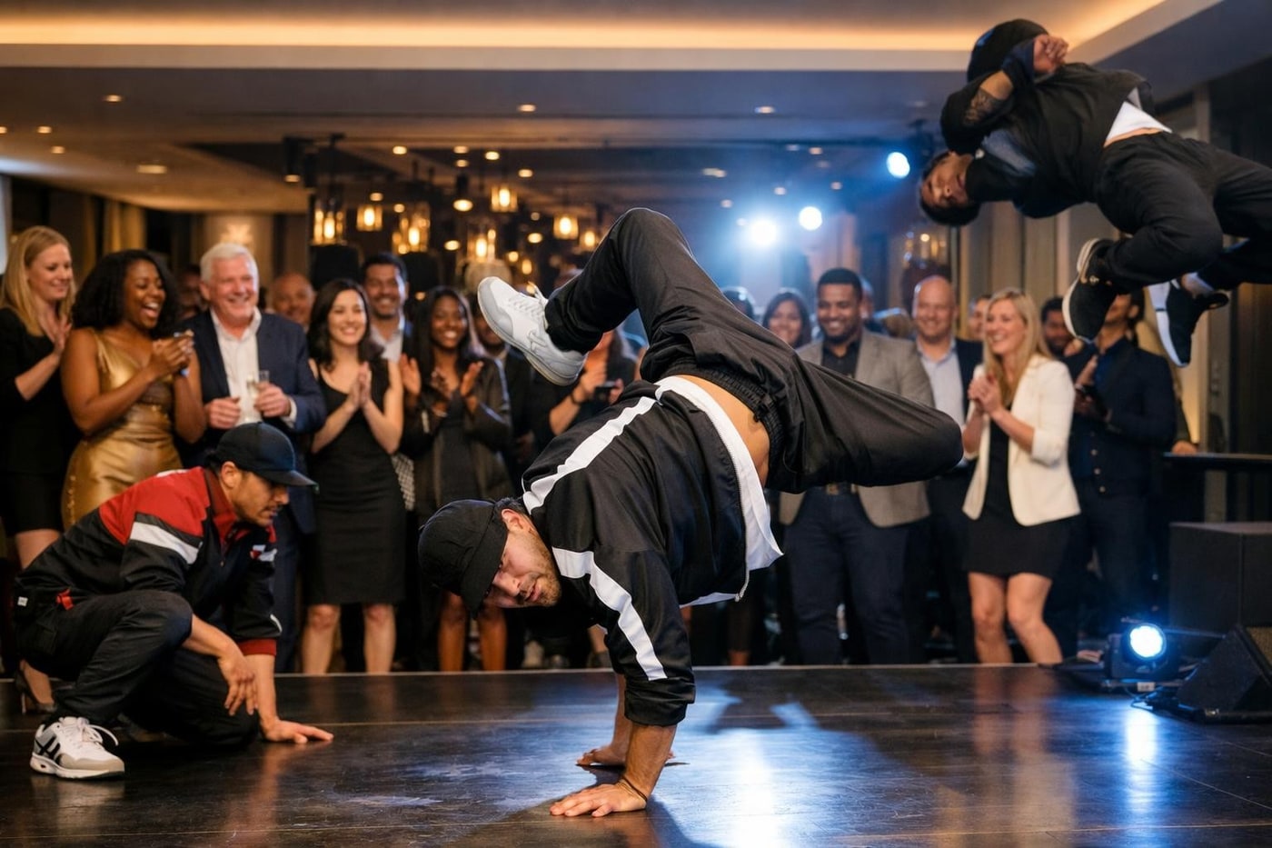 Breakdance performers at a corporate launch.