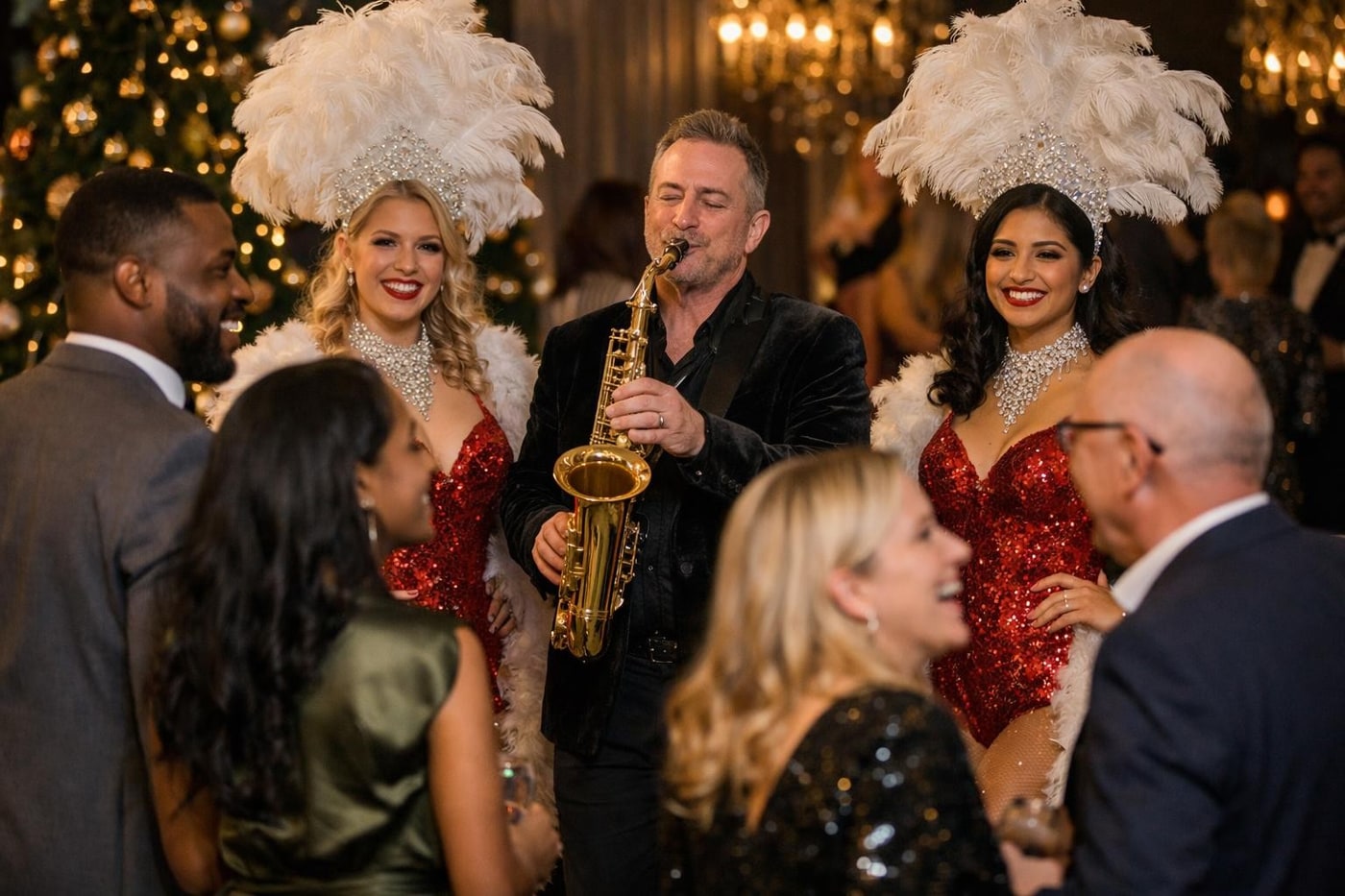 Guests arriving at a corporate Christmas party with live performers.