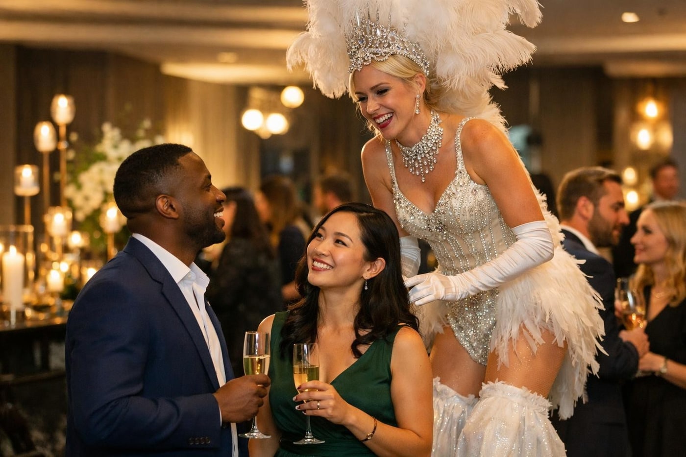 A stylish Christmas party drinks reception with immersive entertainment.