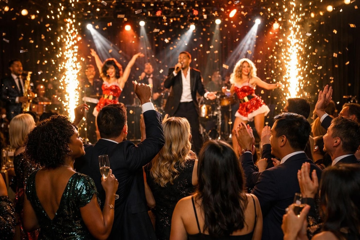 Guests enjoying a cabaret finale at a corporate Christmas party