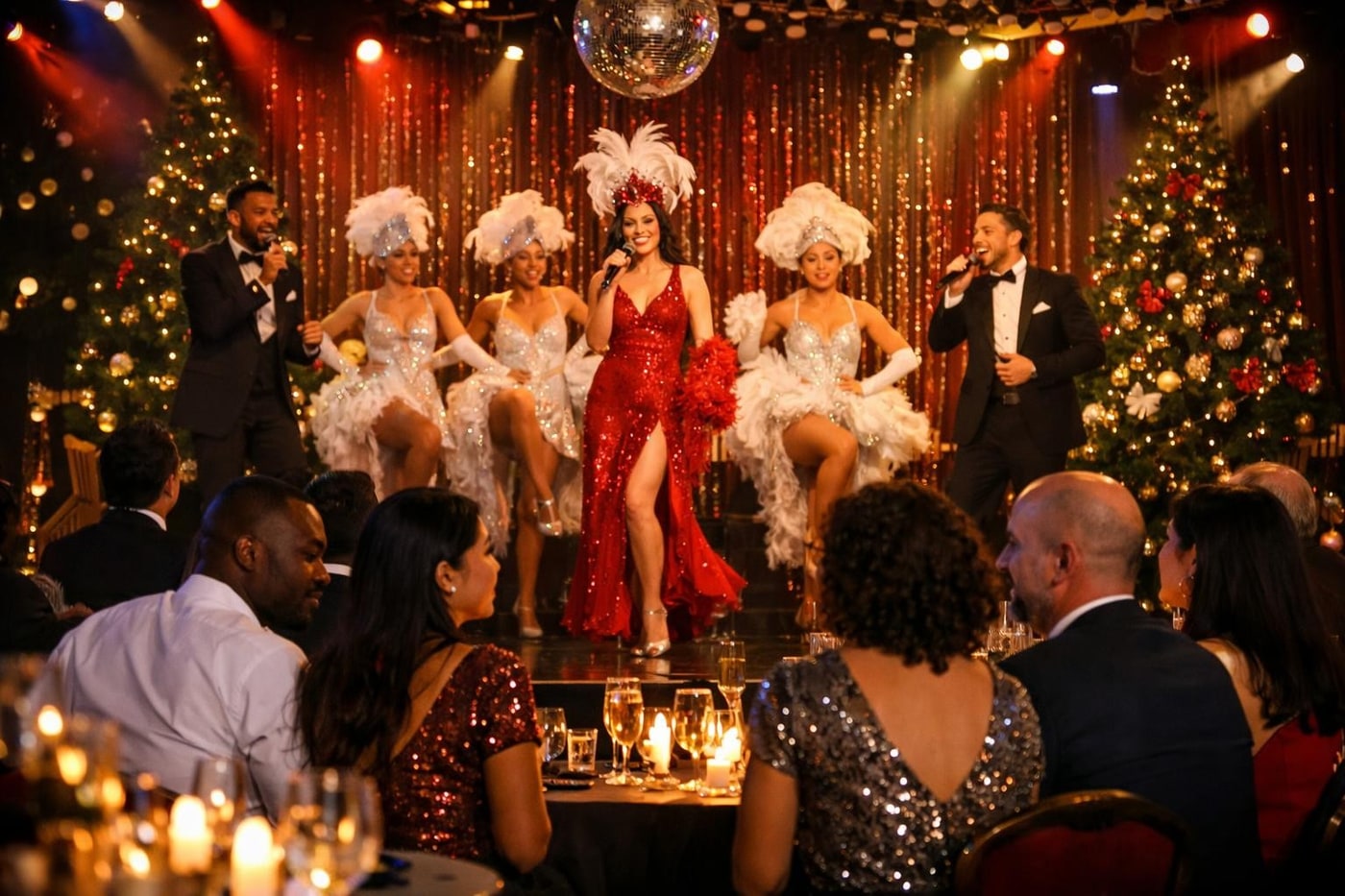 Cabaret performers on stage at a corporate Christmas party