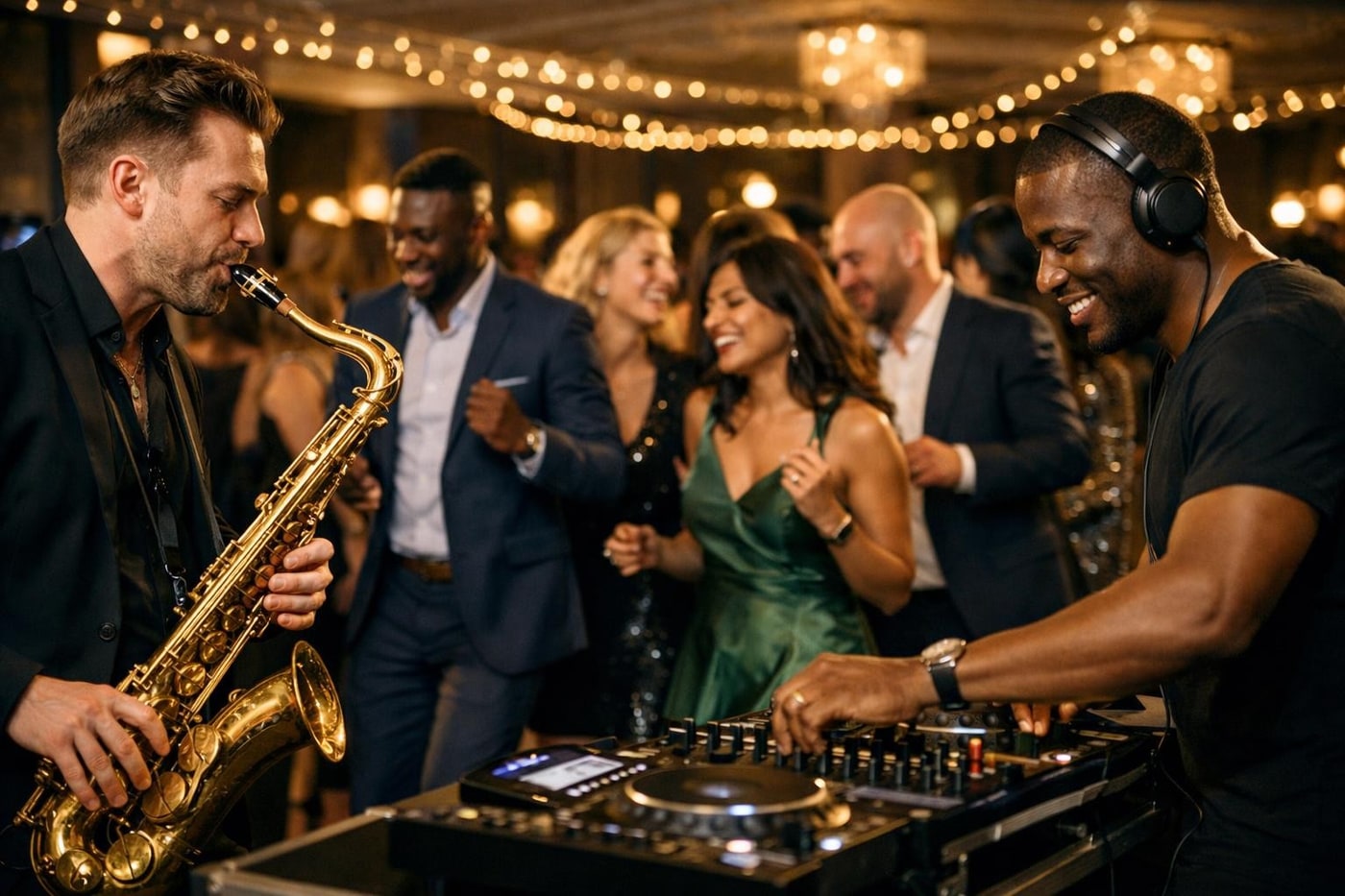 Live saxophonist with DJ at a corporate Christmas party