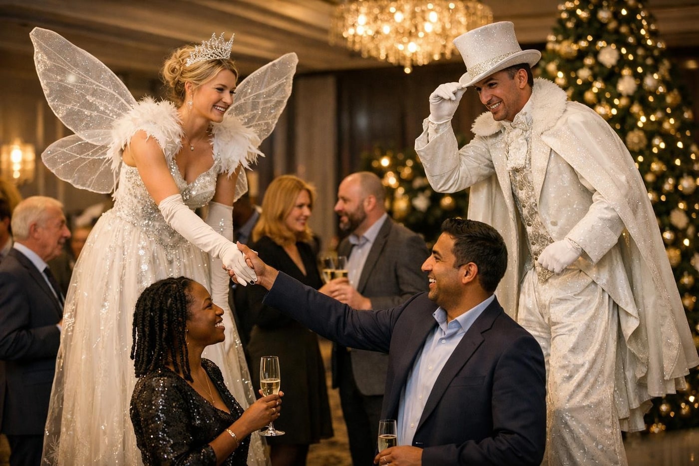 Roaming performers at a Christmas drinks reception