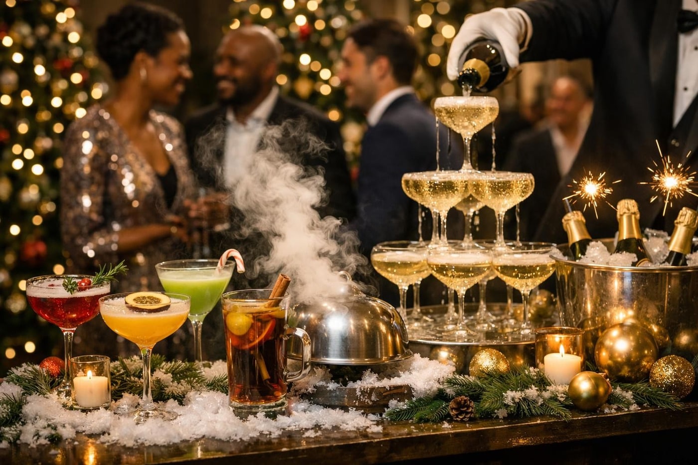Signature drinks and champagne service at a VIP Christmas event