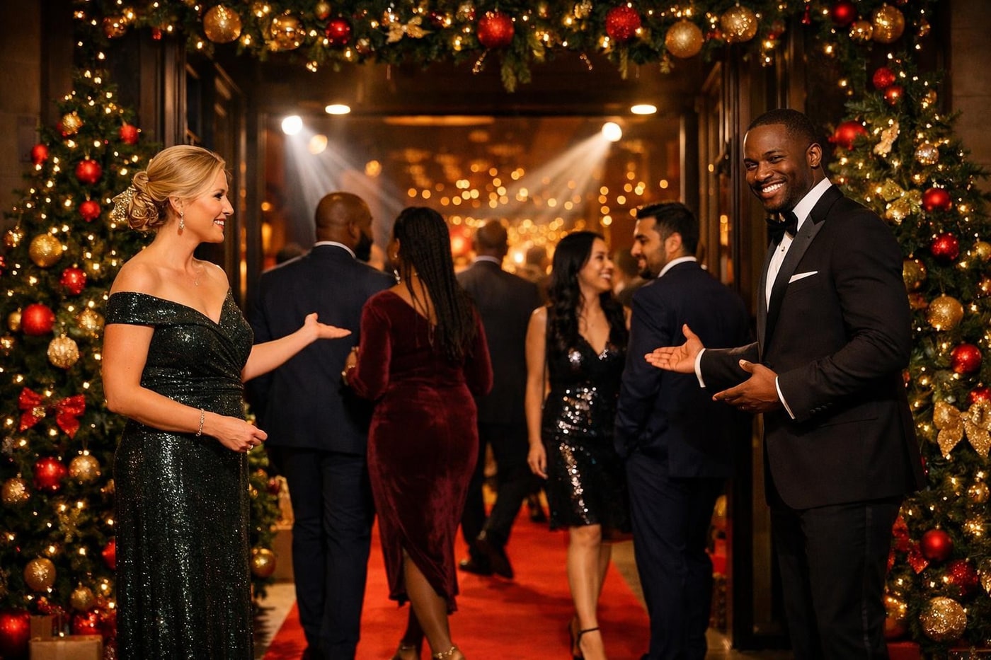 Corporate Christmas party entrance with dramatic festive styling