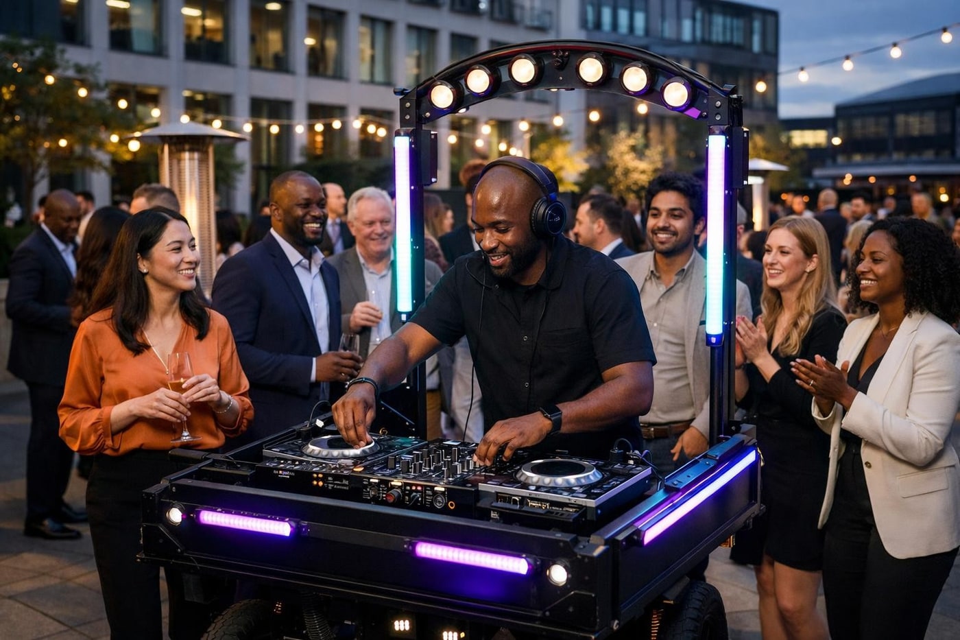 Roaming DJ moving through an outdoor corporate event