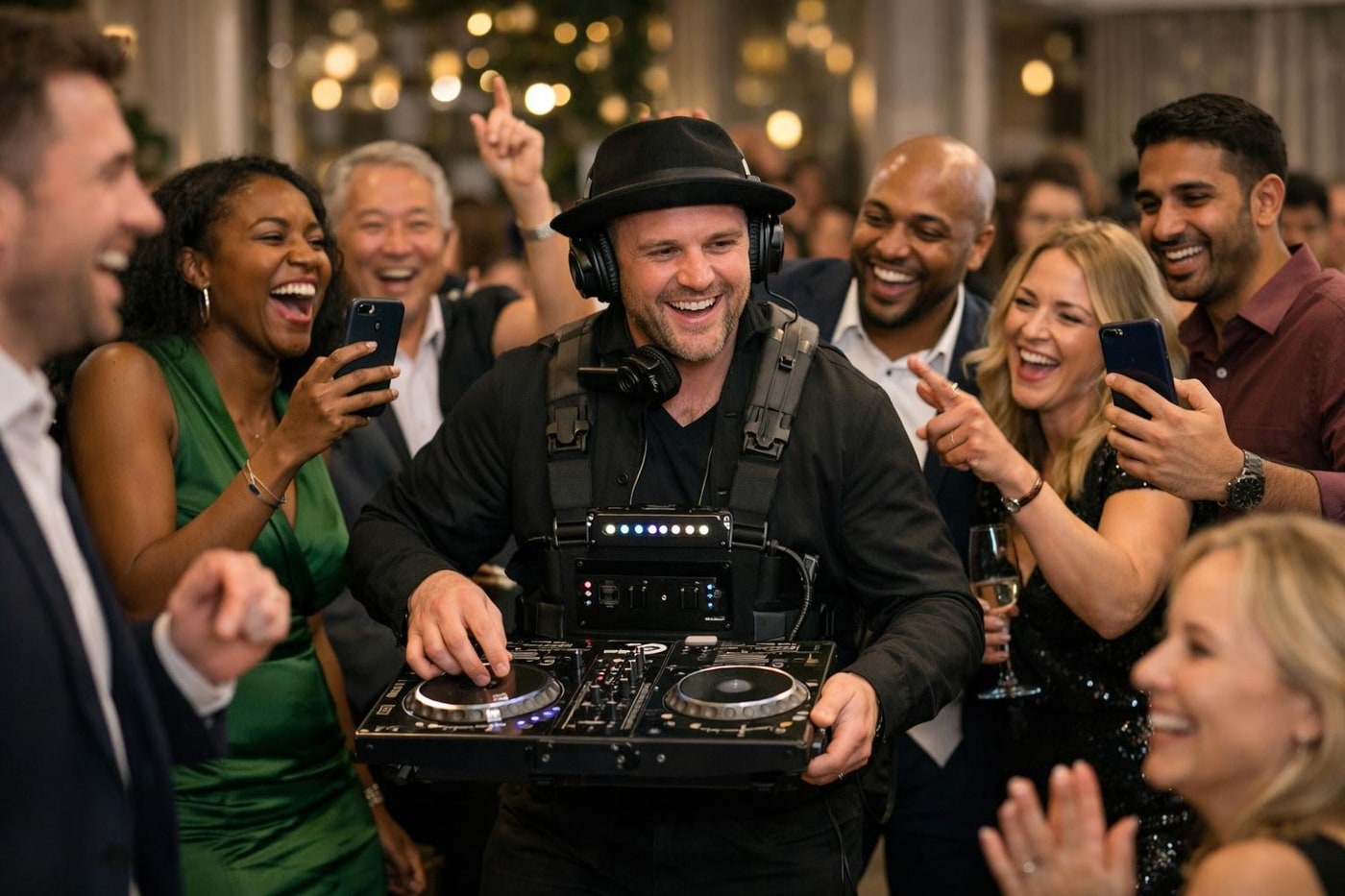 Guests reacting to a roaming DJ at a corporate event