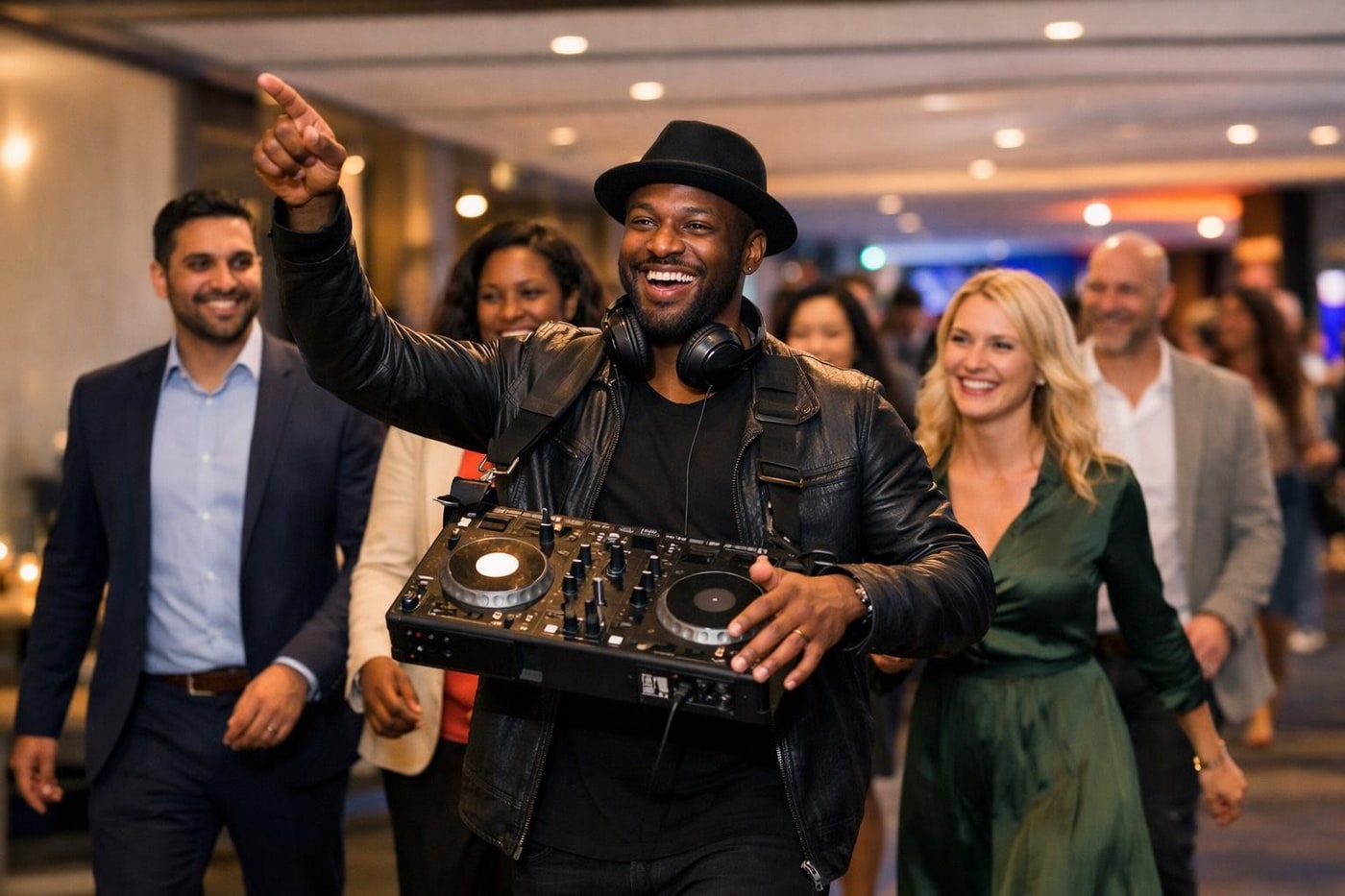 Roaming DJ guiding guests between event zones