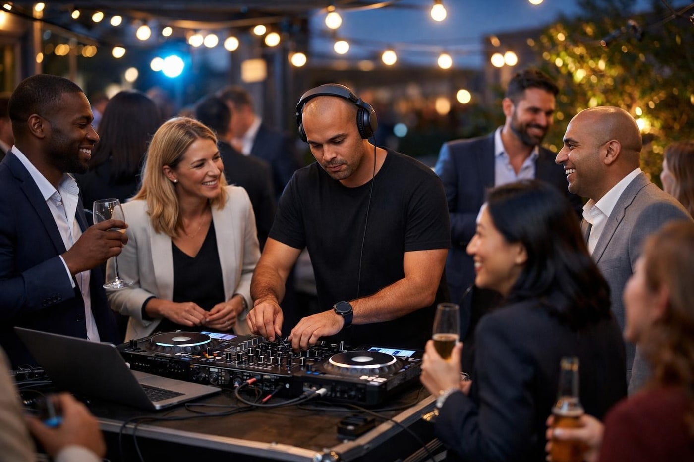 Roaming DJ performing at a corporate event