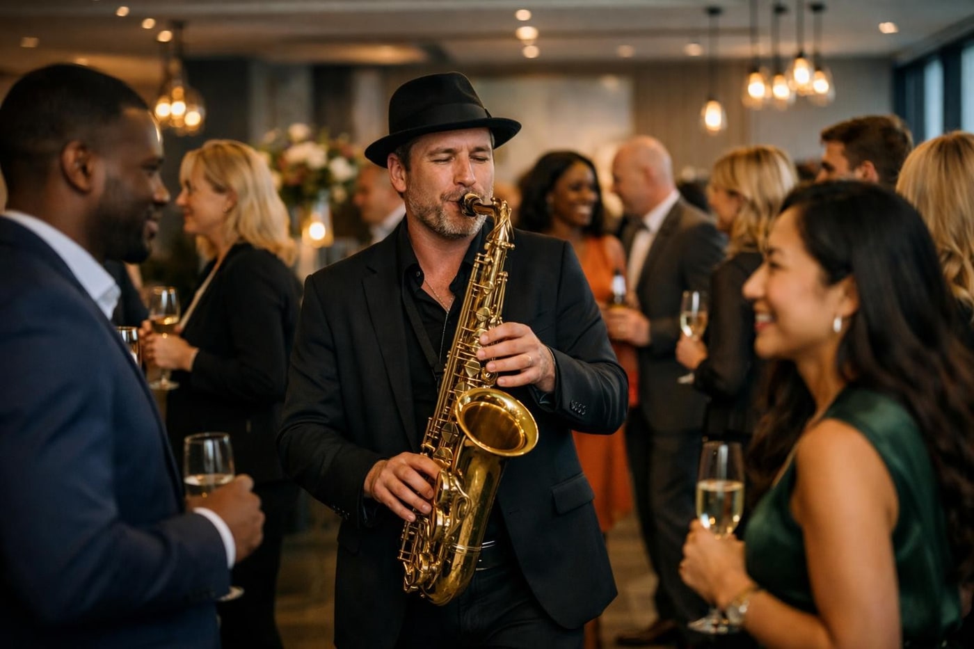 Mobile saxophonist at a corporate drinks reception
