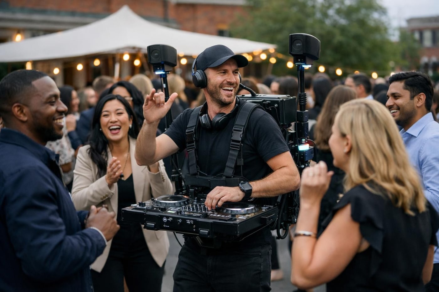 Roaming DJ engaging guests at a large outdoor event.