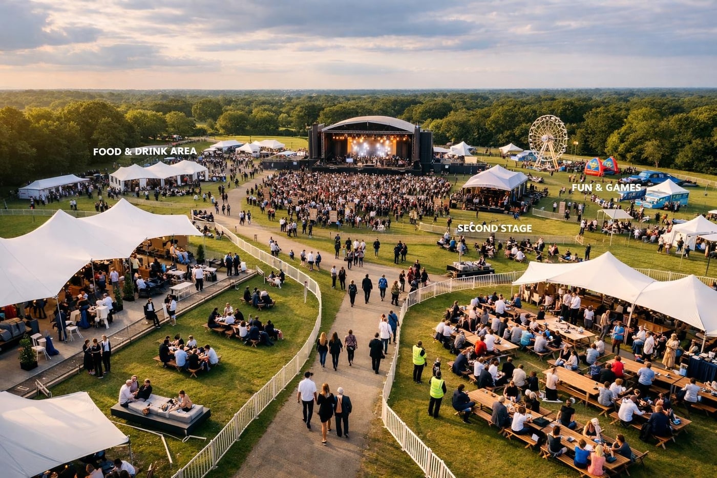 Outdoor event site plan showing guest zones and performance areas.