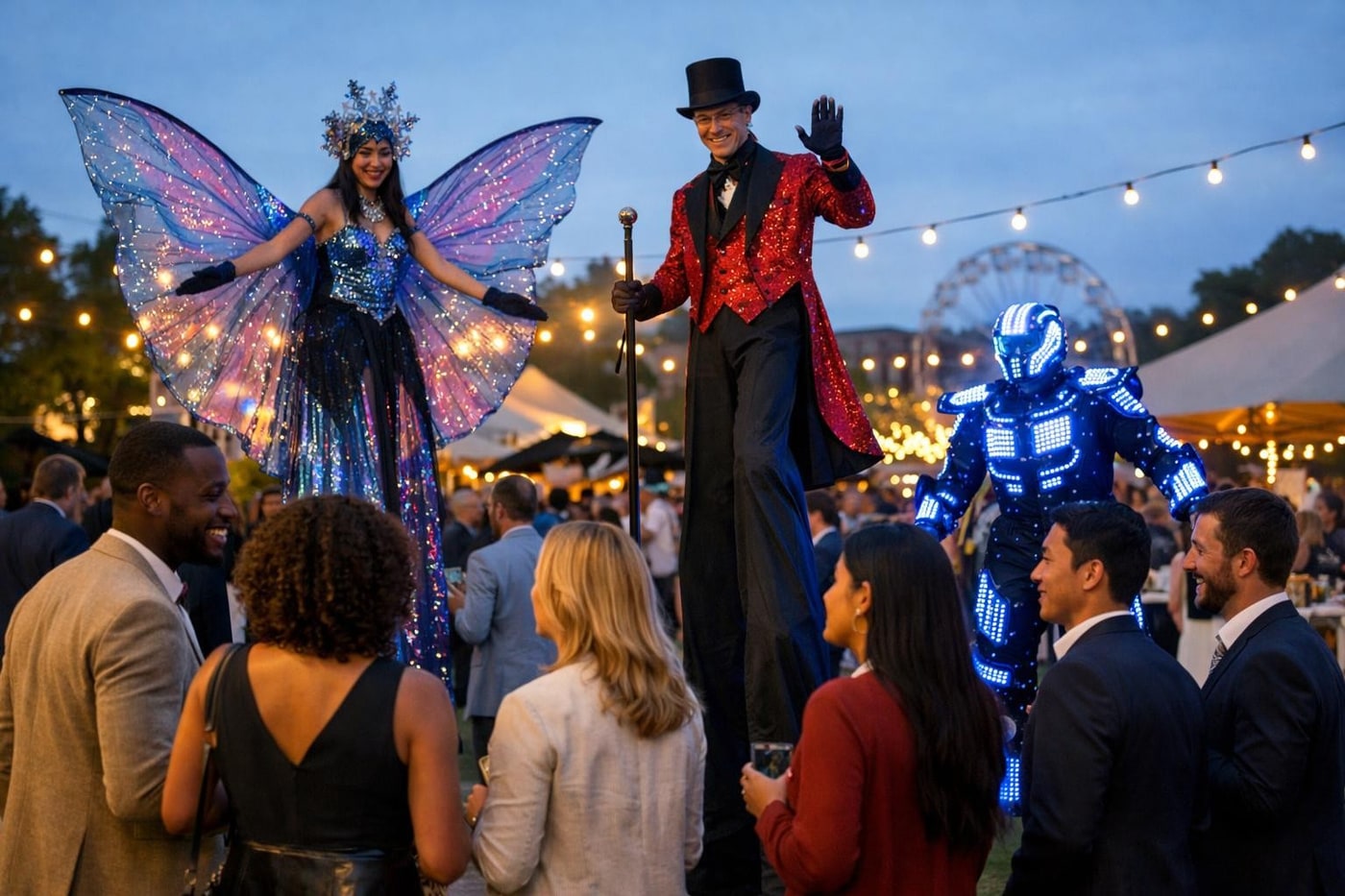 Visual performers drawing attention across an outdoor venue.